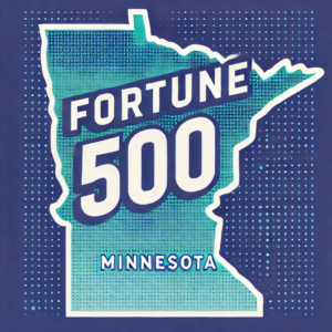 graphic showing the state map of Minnesota with the words Fortune 500 over it