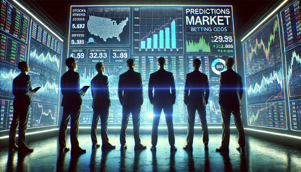 an AI-generated image of men looking at a Predictions Market wall display