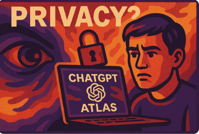 illustration of a concerned man contemplating privacy concerns with ChatGPT Atlas