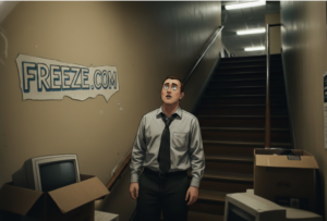 AI illustration depicting Rob Weber dreading to go upstairs to the office