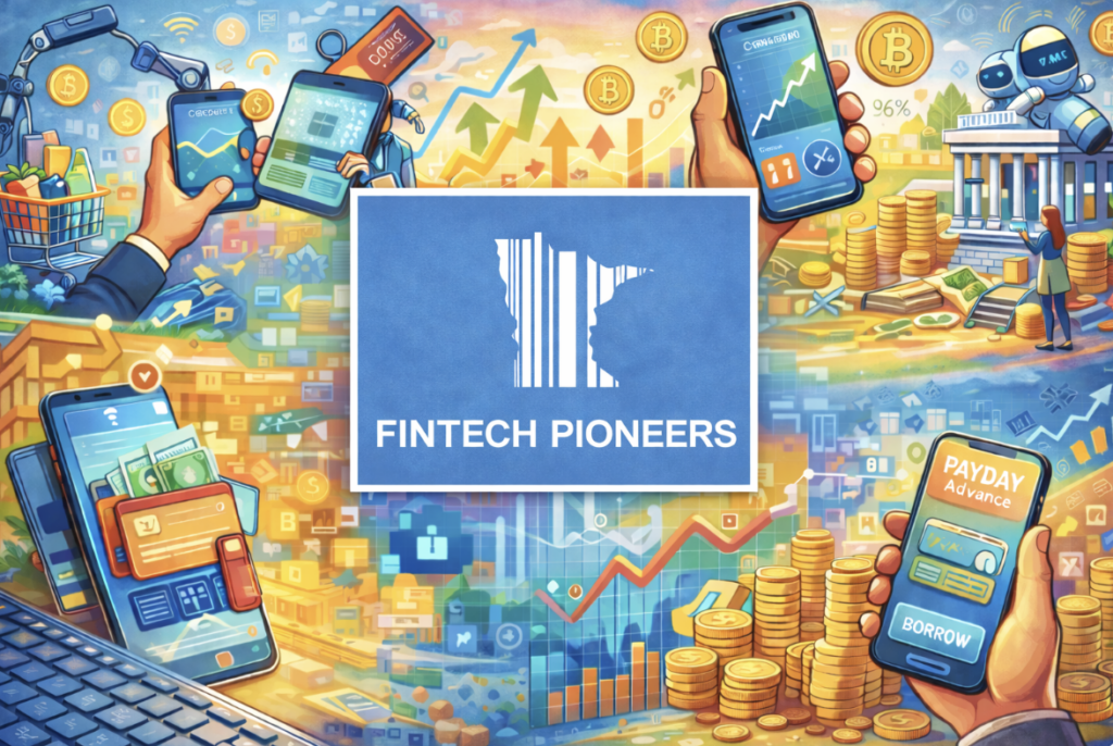 Illustration depicting fintech applications around a banner saying "MN Fintech Pioneers"