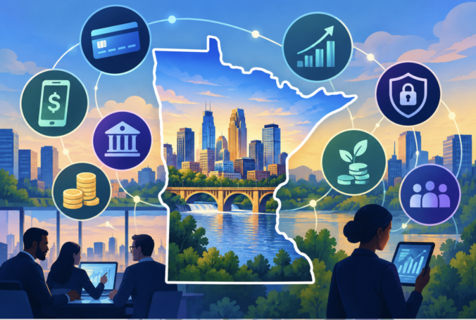 Illustration showing Minnesota map imposed over Minneapolis skyline with financial icons surrounding it